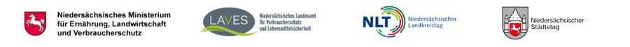 Logos des Niedersächsischen Ministeriums für Ernährung, Landwirtschaft und Verbraucherschutz, des Landesamtes für Verbraucherschutz und Lebensmittelsicherheit, des Niedersächsischen Landkreistages und des Niedersächsischen Städtetages